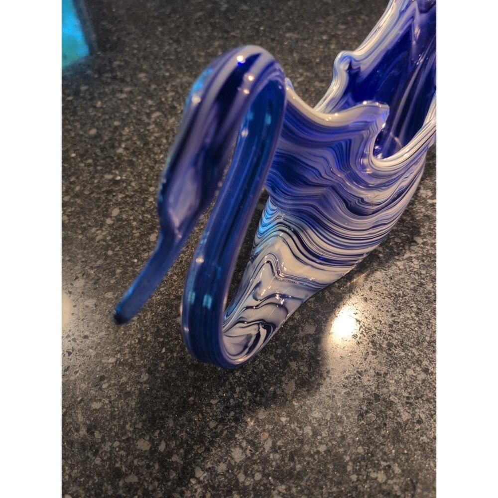 Vtg XL Cobalt Blue White Swril Art Glass Swan Bowl/ 19 x 8 x 5 Long - Picture 4 of 8